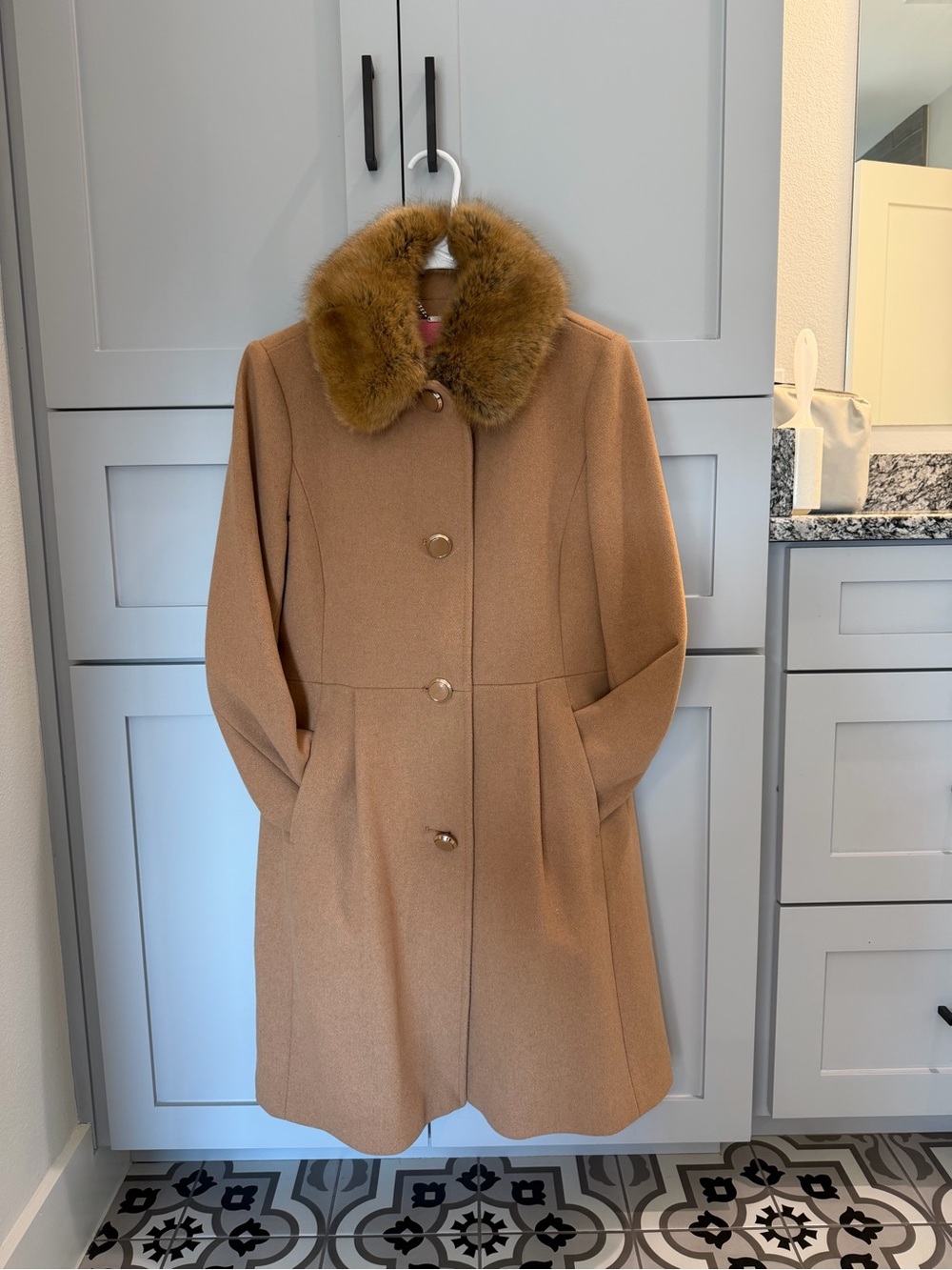 kate spade Camel Wool Pea Coat with Faux Fur Collar